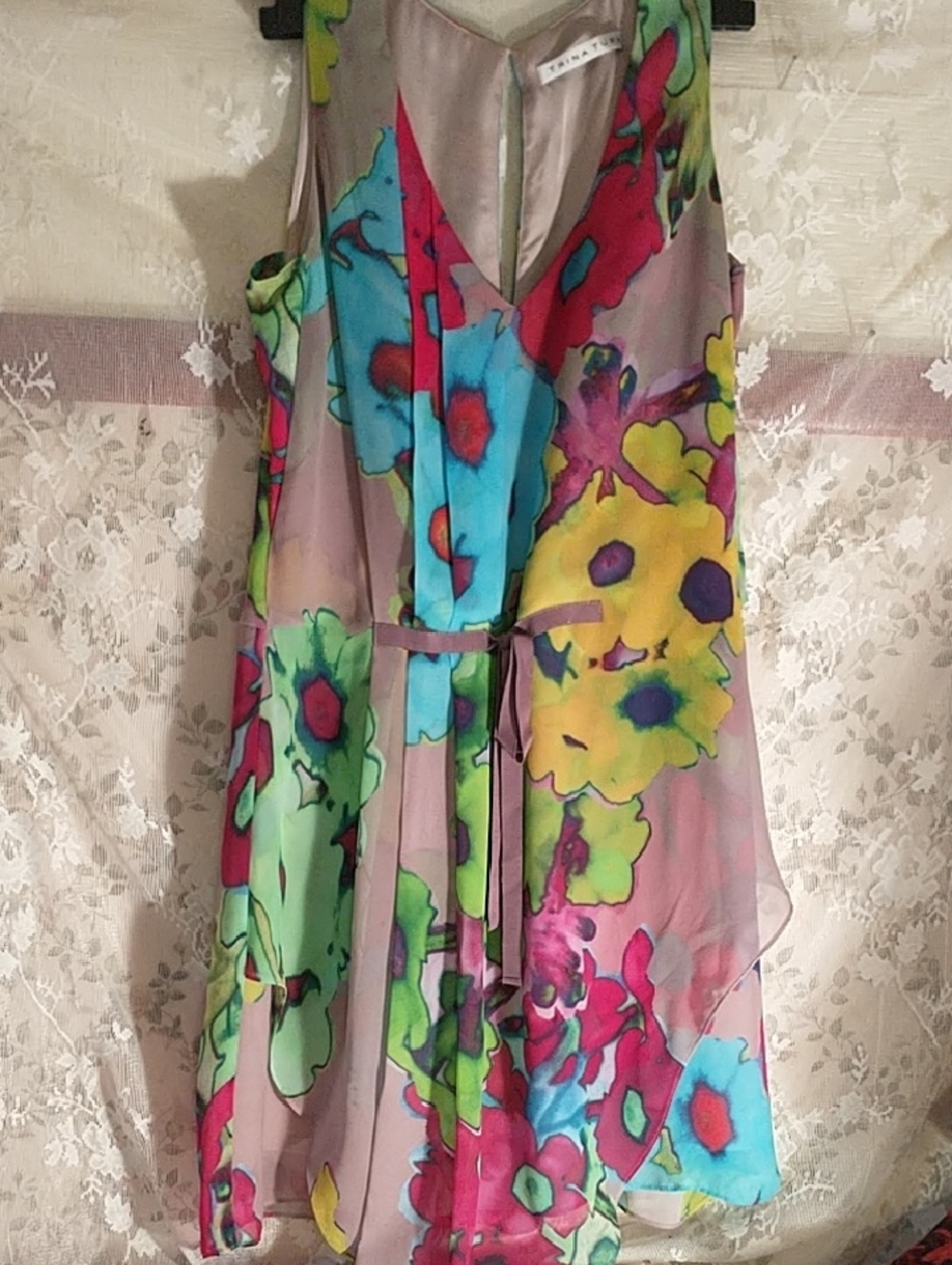 Trina Turk sleeveless lined SILK dress Pink Turquoise chiffon over crepe sz 8
